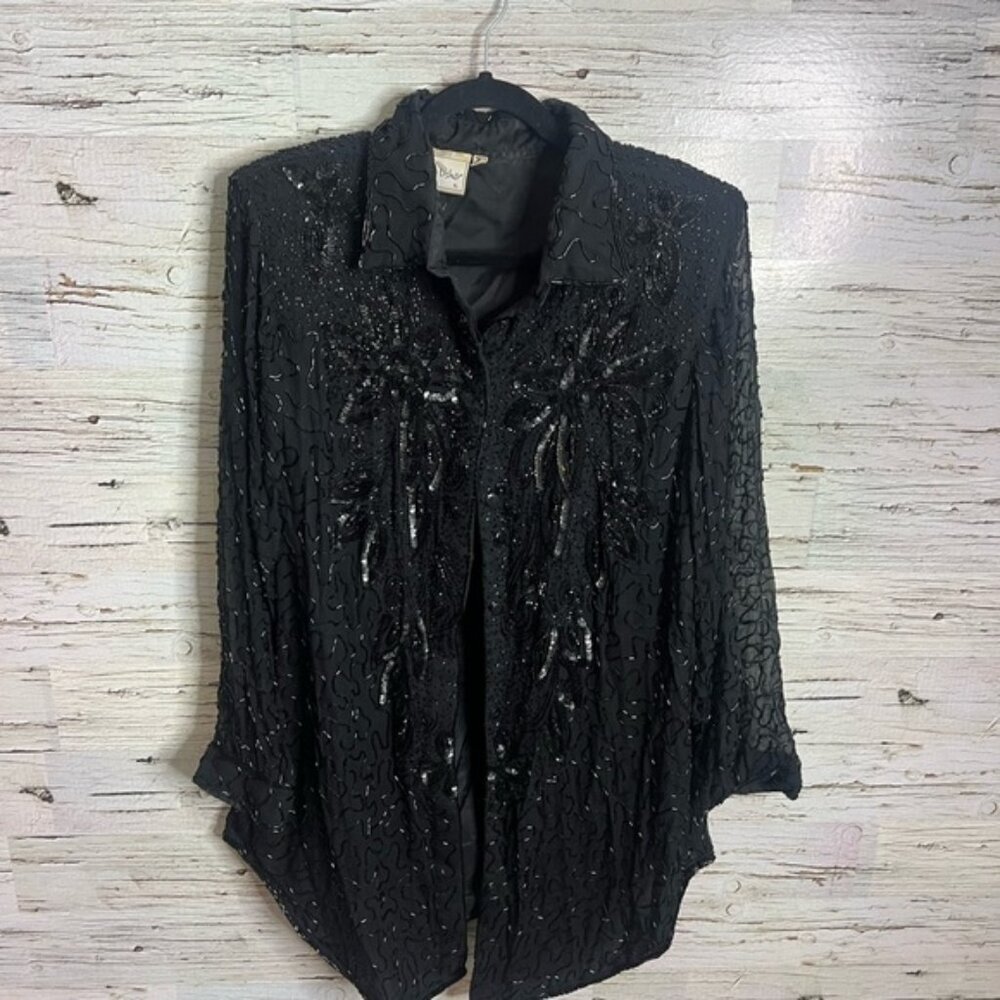 Frank Usher Sequins Silk button down shirt Size xl  Lined Shimmery Western
